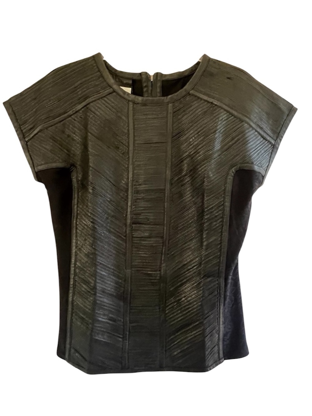 Badgley Mischka Black Faux Leather Pleated Paneled Mixed
Media Top SZ M - Picture 2 of 11